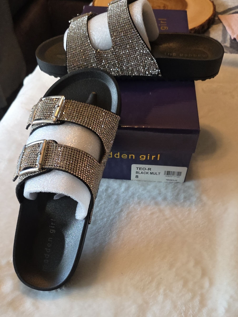 Madden Girl Black Multicolor Rhinestone Double-Buckle Slides